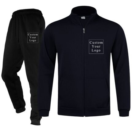 Dark Blue Full-Zip Stand-Collar Fleece Tracksuit with Custom Print - Unisex & Free Design