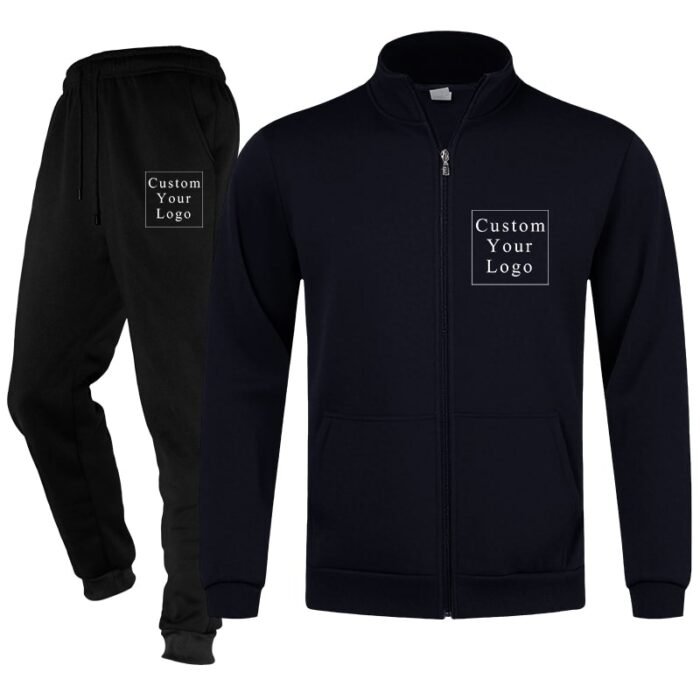 Dark Blue Full-Zip Stand-Collar Fleece Tracksuit with Custom Print - Unisex & Free Design