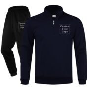 Dark Blue Half-Zip Stand-Collar Fleece Tracksuit with Custom Print - Unisex & Free Design