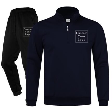 Dark Blue Half-Zip Stand-Collar Fleece Tracksuit with Custom Print - Unisex & Free Design