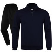 Unisex Plain Dark Blue Half-Zip Stand-Collar Fleece Tracksuit - Sweatshirt and Black Cuffed Joggers Set