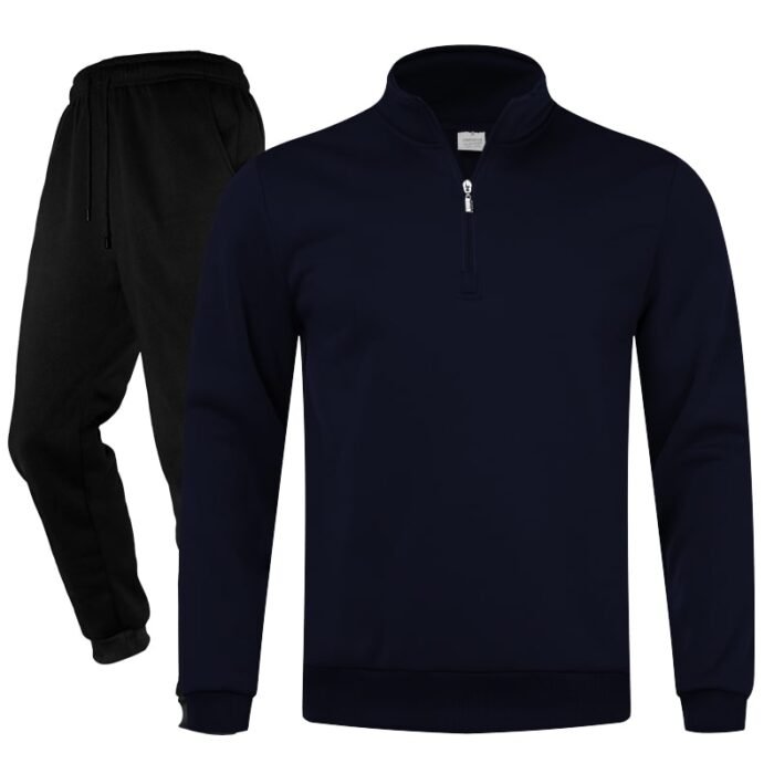 Unisex Plain Dark Blue Half-Zip Stand-Collar Fleece Tracksuit - Sweatshirt and Black Cuffed Joggers Set