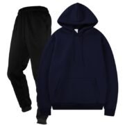 Unisex Plain Dark Blue Fleece Tracksuit - Hoodie and Black Cuffed Joggers Set