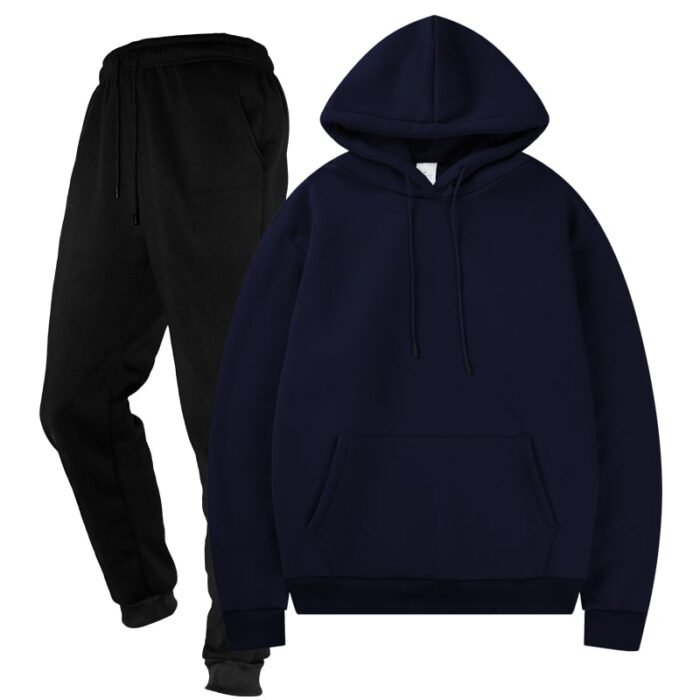 Unisex Plain Dark Blue Fleece Tracksuit - Hoodie and Black Cuffed Joggers Set