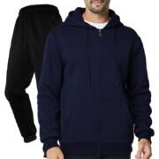 Unisex Plain Dark Blue Full-Zip Fleece Tracksuit - Hoodie and Black Cuffed Joggers Set