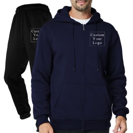 Dark Blue Full-Zip Fleece Tracksuit with Custom Print - Unisex & Free Design
