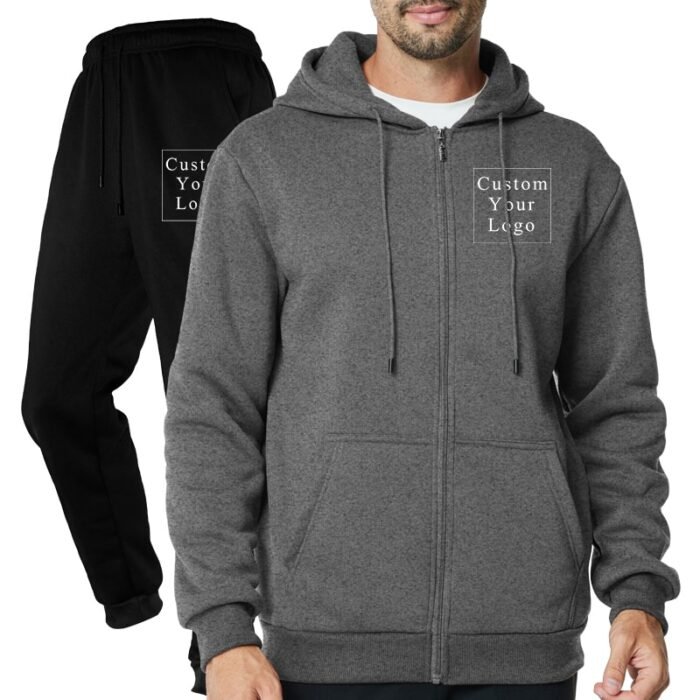 Dark Grey Full-Zip Fleece Tracksuit with Custom Print - Unisex & Free Design