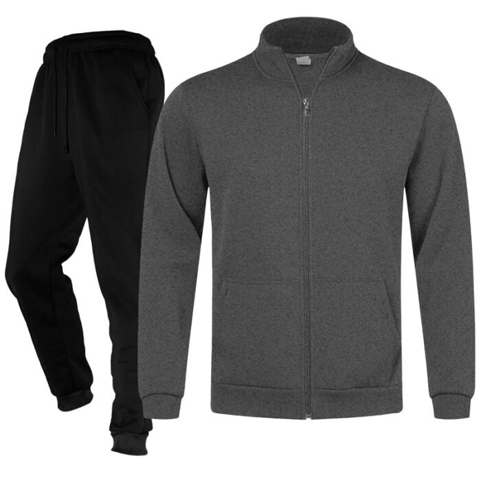 Unisex Plain Dark Grey Full-Zip Stand-Collar Fleece Tracksuit - Jacket and Black Cuffed Joggers Set