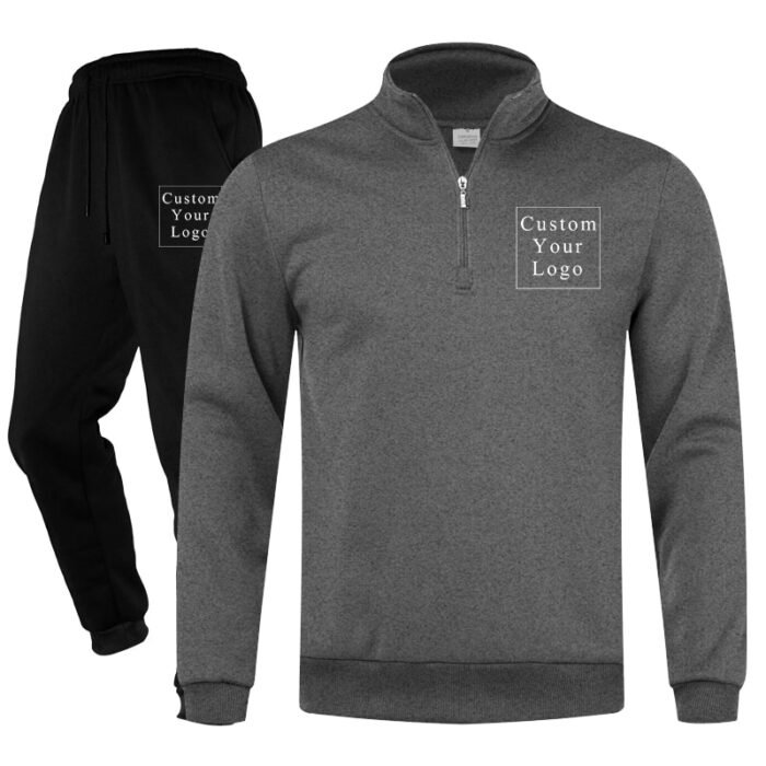 Dark Grey Half-Zip Stand-Collar Fleece Tracksuit with Custom Print - Unisex & Free Design