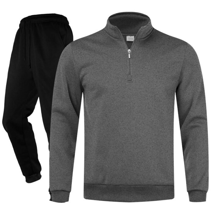 Unisex Plain Dark Grey Half-Zip Stand-Collar Fleece Tracksuit - Sweatshirt and Black Cuffed Joggers Set