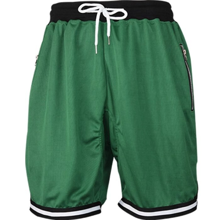 Plain Green Men's Drawstring Shorts with Zipper Pockets & Striped Hem - Comfortable Casual Wear
