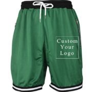 Green Men's Drawstring Shorts with Custom Print, Zipper Pockets & Striped Hem - FREE Customization