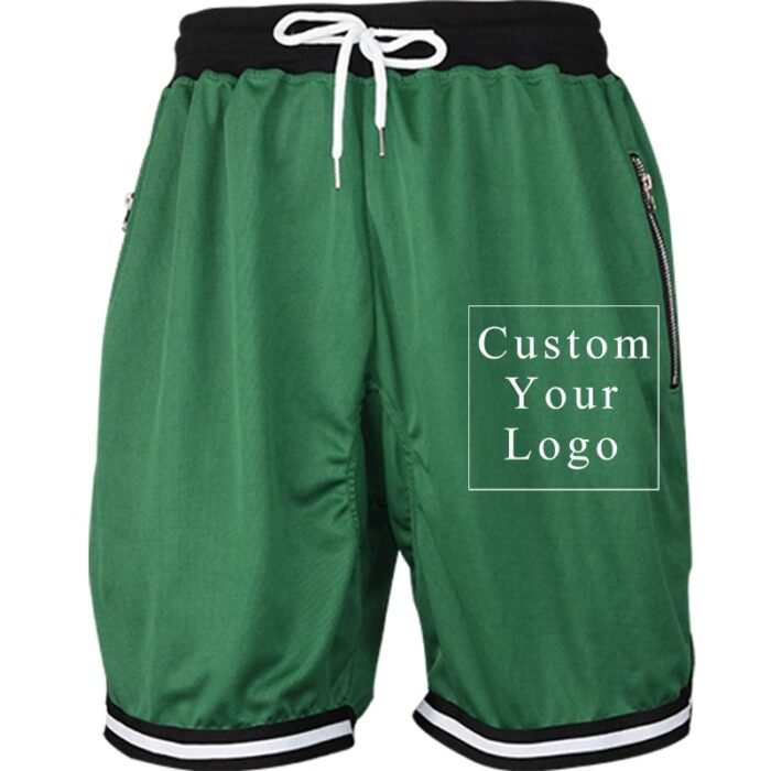 Green Men's Drawstring Shorts with Custom Print, Zipper Pockets & Striped Hem - FREE Customization