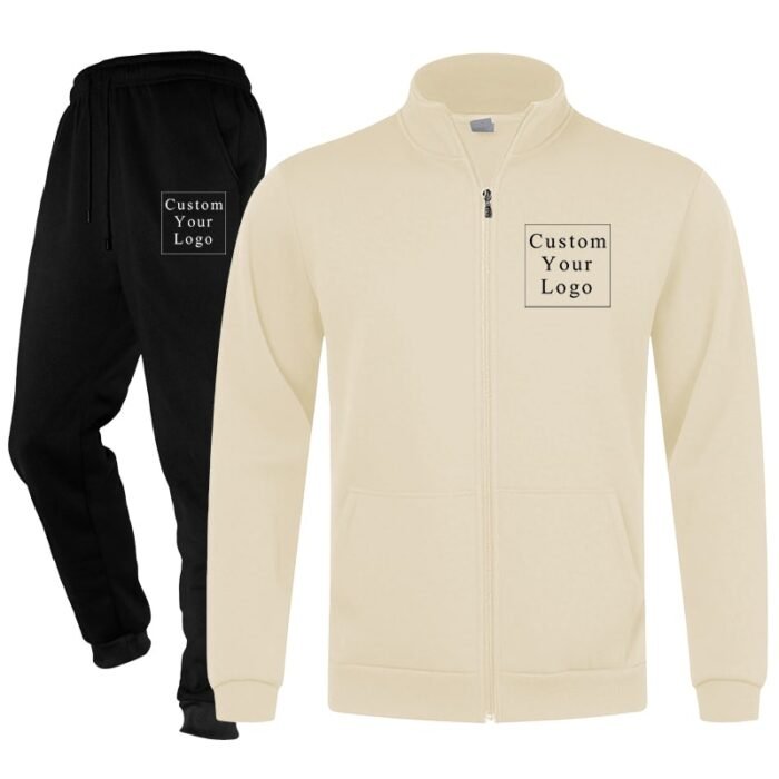 Khaki Full-Zip Stand-Collar Fleece Tracksuit with Custom Print - Unisex & Free Design