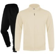 Unisex Plain Khaki Full-Zip Stand-Collar Fleece Tracksuit - Jacket and Black Cuffed Joggers Set