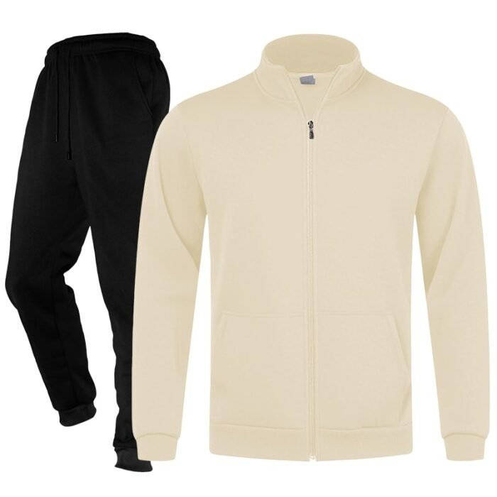 Unisex Plain Khaki Full-Zip Stand-Collar Fleece Tracksuit - Jacket and Black Cuffed Joggers Set