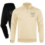 Khaki Half-Zip Stand-Collar Fleece Tracksuit with Custom Print - Unisex & Free Design