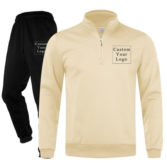 Khaki Half-Zip Stand-Collar Fleece Tracksuit with Custom Print - Unisex & Free Design
