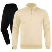 Unisex Plain Khaki Half-Zip Stand-Collar Fleece Tracksuit - Sweatshirt and Black Cuffed Joggers Set