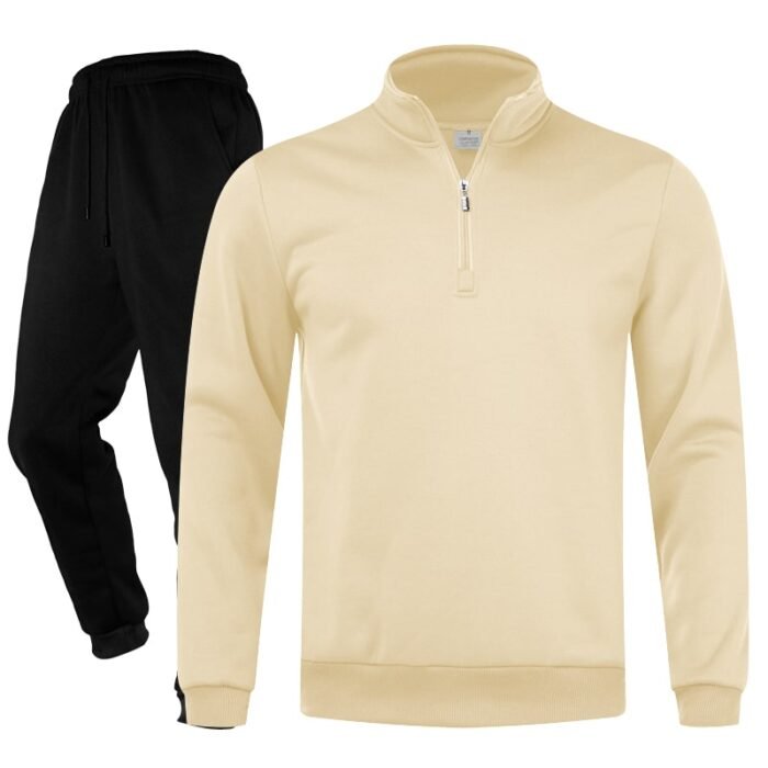 Unisex Plain Khaki Half-Zip Stand-Collar Fleece Tracksuit - Sweatshirt and Black Cuffed Joggers Set