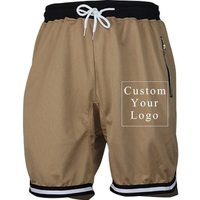 Khaki Men's Drawstring Shorts with Custom Print, Zipper Pockets & Striped Hem - FREE Customization