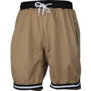 Plain Khaki Men's Drawstring Shorts with Zipper Pockets & Striped Hem - Comfortable Casual Wear