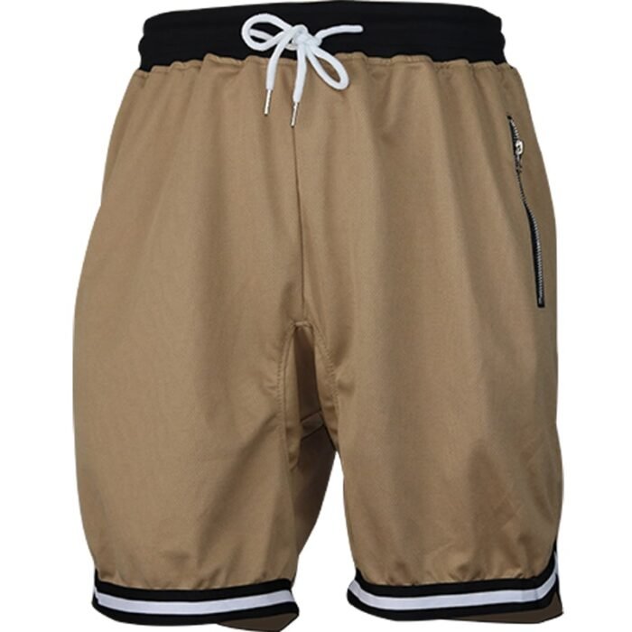 Plain Khaki Men's Drawstring Shorts with Zipper Pockets & Striped Hem - Comfortable Casual Wear