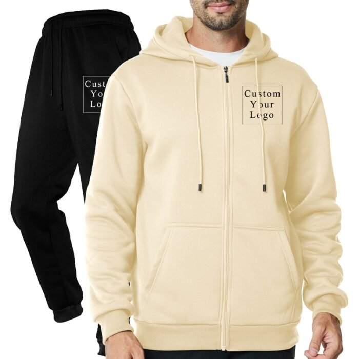 Khaki Full-Zip Fleece Tracksuit with Custom Print - Unisex & Free Design