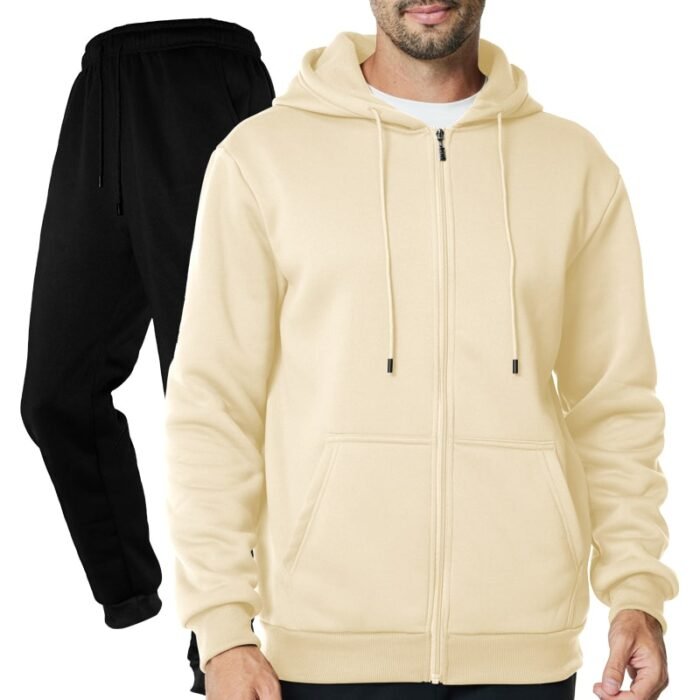 Unisex Plain Khaki Full-Zip Fleece Tracksuit - Hoodie and Black Cuffed Joggers Set