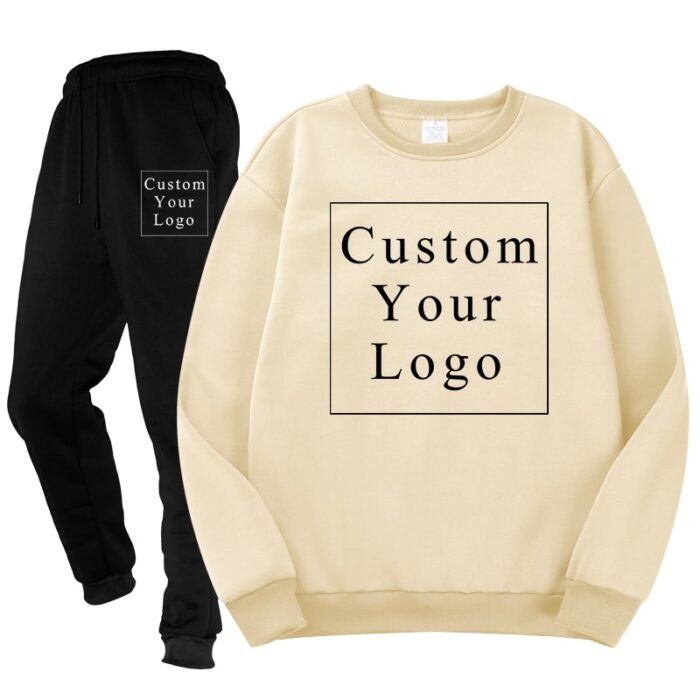 Khaki Crewneck Fleece Tracksuit with Custom Print - Unisex & Free Design