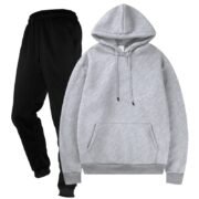 Unisex Plain Light Grey Fleece Tracksuit - Hoodie and Black Cuffed Joggers Set