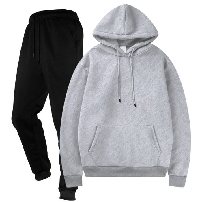 Unisex Plain Light Grey Fleece Tracksuit - Hoodie and Black Cuffed Joggers Set