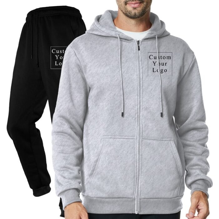 Light Grey Full-Zip Fleece Tracksuit with Custom Print - Unisex & Free Design