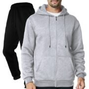 Unisex Plain Light Grey Full-Zip Fleece Tracksuit - Hoodie and Black Cuffed Joggers Set