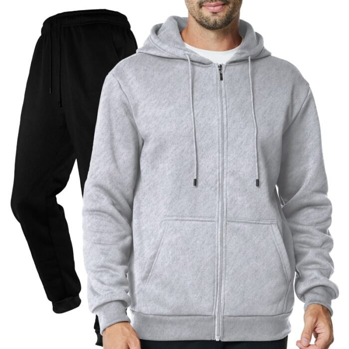 Unisex Plain Light Grey Full-Zip Fleece Tracksuit - Hoodie and Black Cuffed Joggers Set