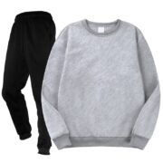 Unisex Plain Light Grey Crewneck Fleece Tracksuit - Sweatshirt and Black Cuffed Joggers Set