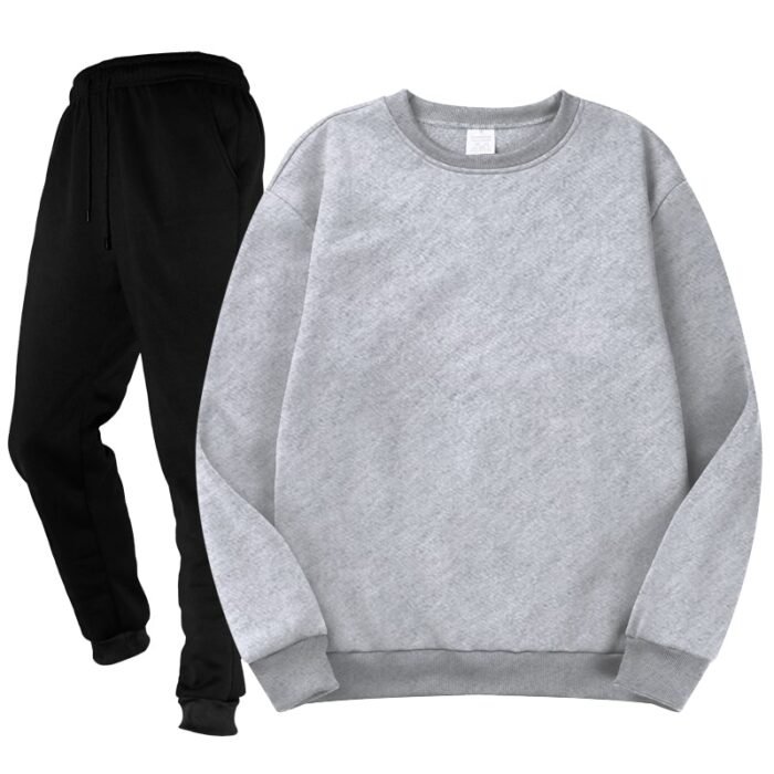 Unisex Plain Light Grey Crewneck Fleece Tracksuit - Sweatshirt and Black Cuffed Joggers Set