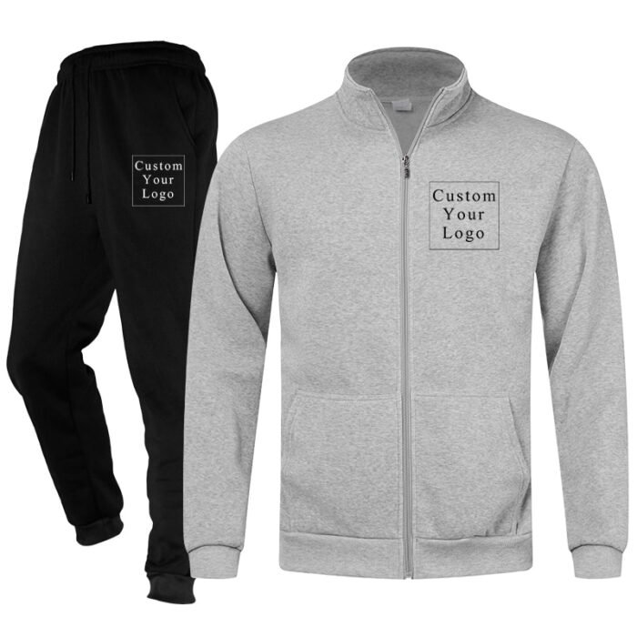 Light Grey Full-Zip Stand-Collar Fleece Tracksuit with Custom Print - Unisex & Free Design