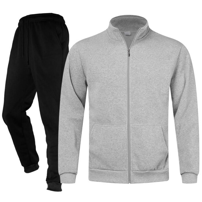 Unisex Plain Light Grey Full-Zip Stand-Collar Fleece Tracksuit - Jacket and Black Cuffed Joggers Set