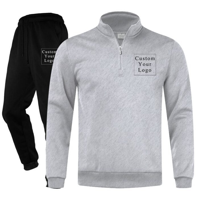 Light Grey Half-Zip Stand-Collar Fleece Tracksuit with Custom Print - Unisex & Free Design