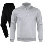 Unisex Plain Light Grey Half-Zip Stand-Collar Fleece Tracksuit - Sweatshirt and Black Cuffed Joggers Set
