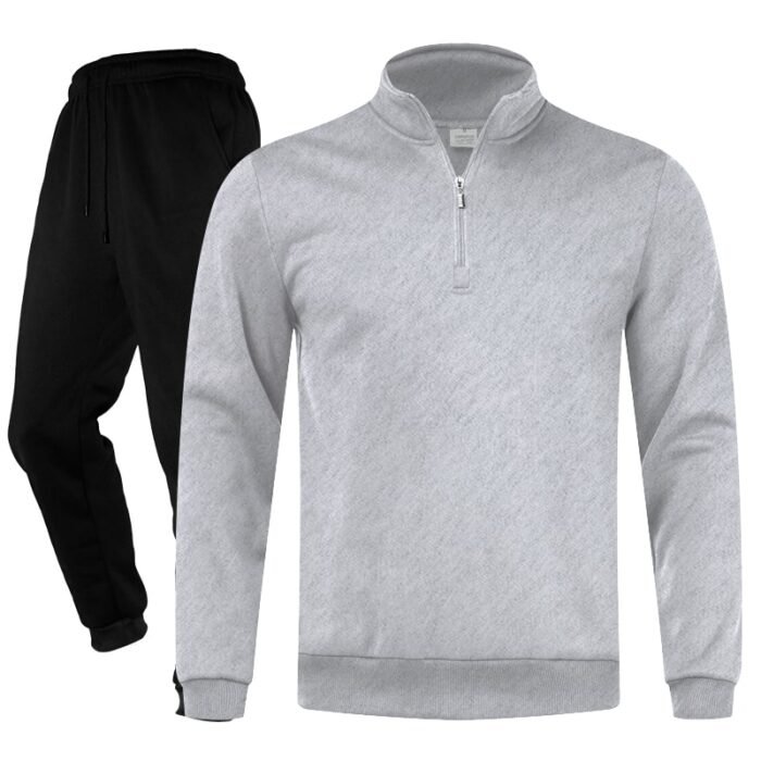 Unisex Plain Light Grey Half-Zip Stand-Collar Fleece Tracksuit - Sweatshirt and Black Cuffed Joggers Set