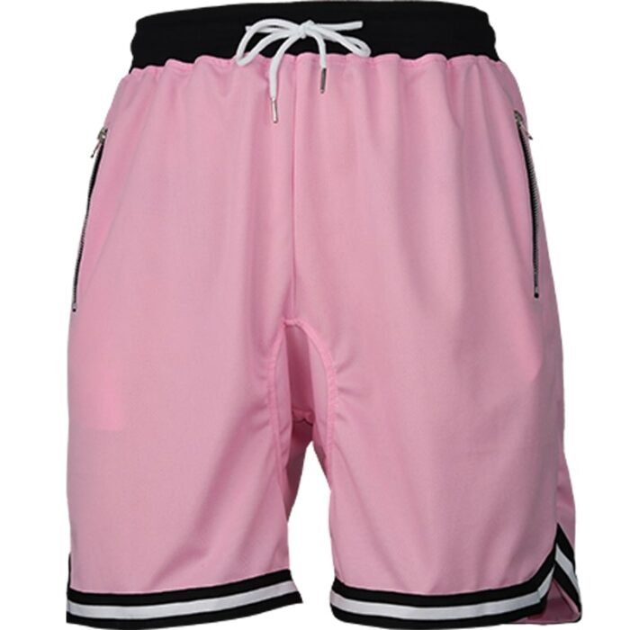 Plain Pink Men's Drawstring Shorts with Zipper Pockets & Striped Hem - Comfortable Casual Wear
