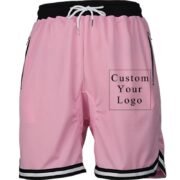 Pink Men's Drawstring Shorts with Custom Print, Zipper Pockets & Striped Hem - FREE Customization