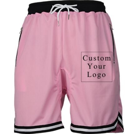 Pink Men's Drawstring Shorts with Custom Print, Zipper Pockets & Striped Hem - FREE Customization