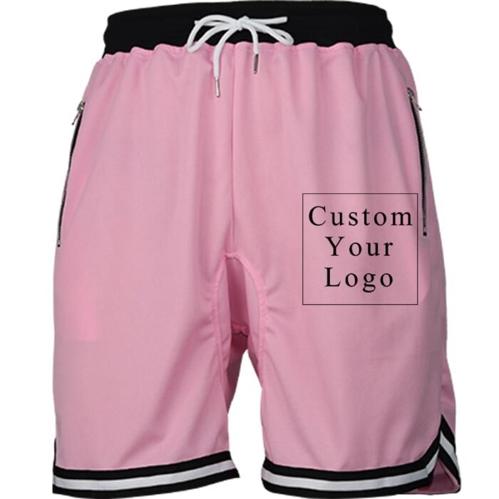 Pink Men's Drawstring Shorts with Custom Print, Zipper Pockets & Striped Hem - FREE Customization