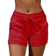 Plain Red Women's Drawstring Shorts with Pockets - Textured Fabric, Ideal for Casual Wear