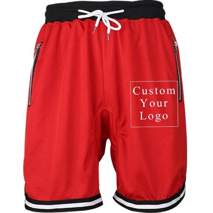 Red Men's Drawstring Shorts with Custom Print, Zipper Pockets & Striped Hem - FREE Customization