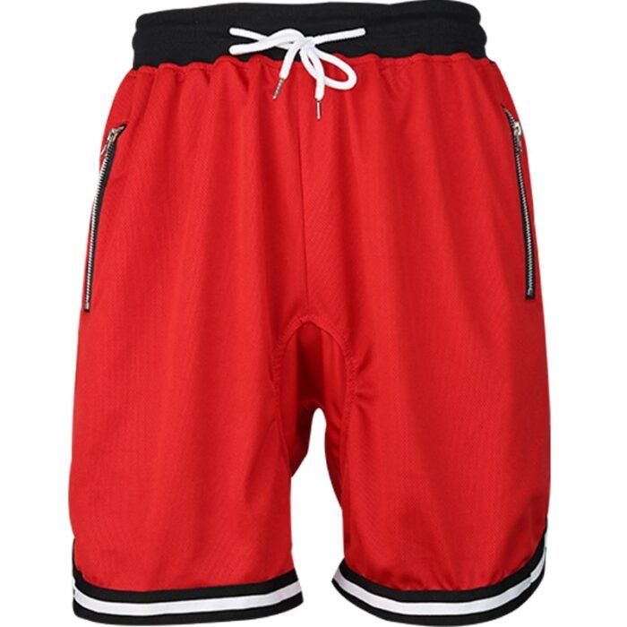 Plain Red Men's Drawstring Shorts with Zipper Pockets & Striped Hem - Comfortable Casual Wear
