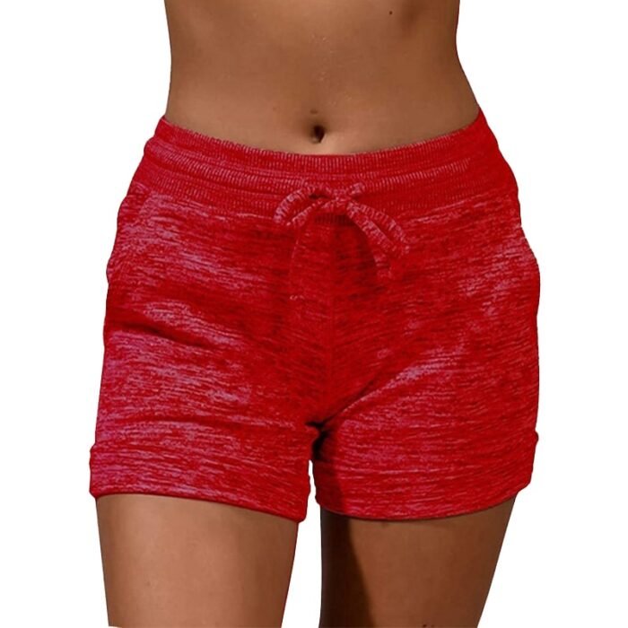 Plain Red Women's Drawstring Shorts with Pockets - Textured Fabric, Ideal for Casual Wear